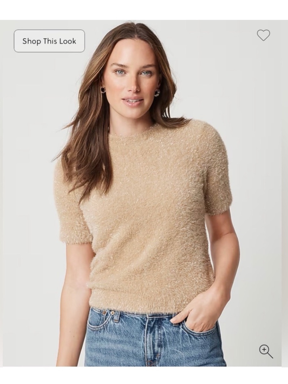 J. Crew Factory Short-Sleeve Fuzzy Crew Sweater in Camel/Tan